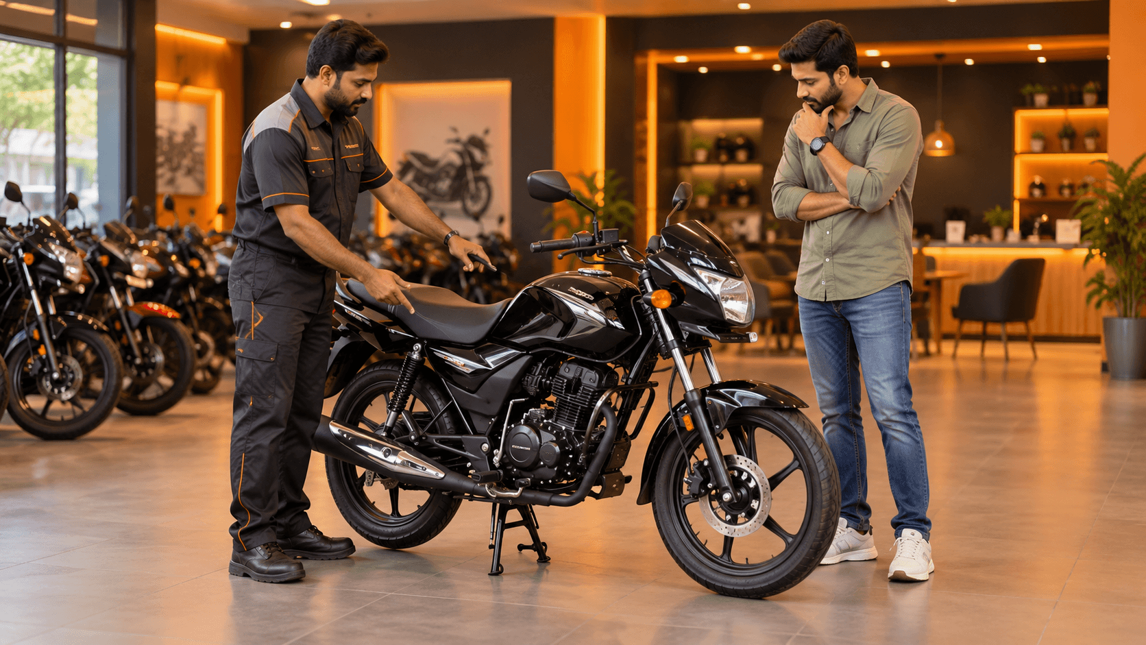 Customer inspecting a used motorcycle before buying