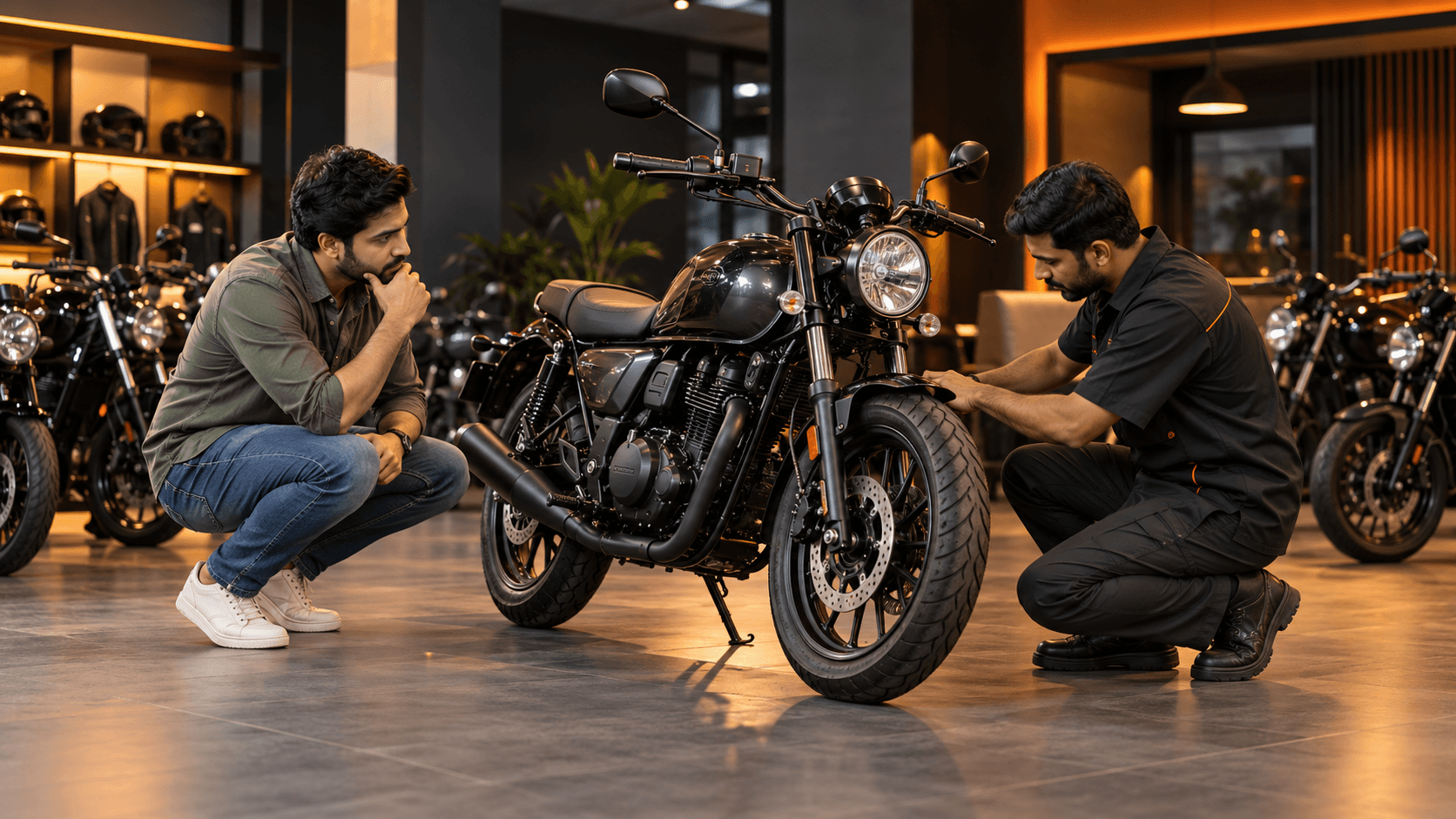 Buyer comparing a used motorcycle's condition and price